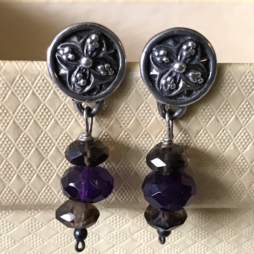 Earrings Mf. Sterling Purple & Brown Stones 1-3/8”